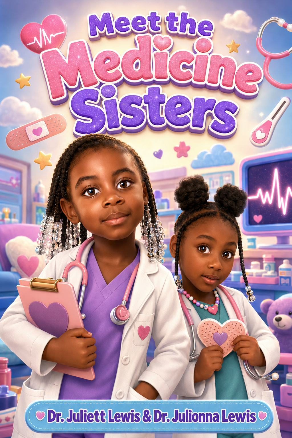 Meet the Medicine Sisters - children's storybook cover featuring two young sisters as doctors